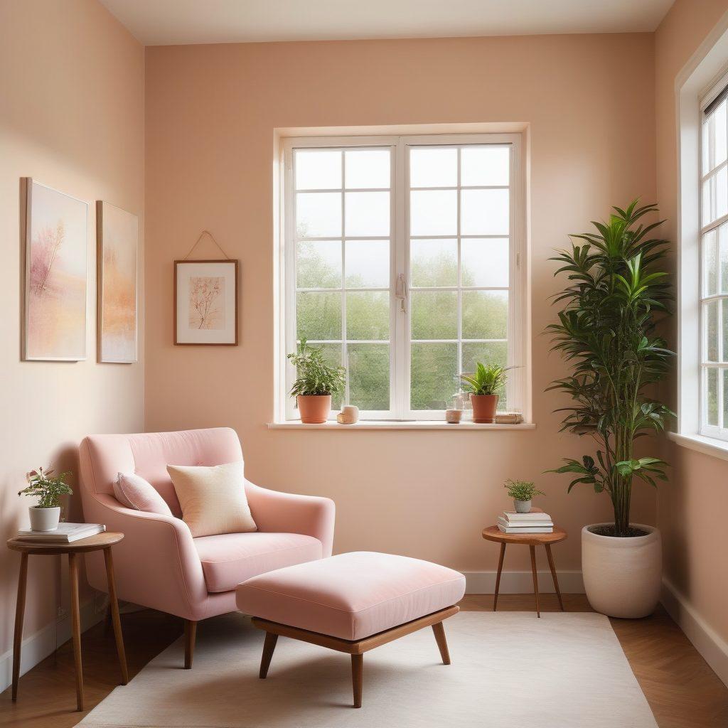 A serene therapy room with warm lighting, featuring a cozy armchair, soft cushions, and a small bookshelf filled with self-help books. Include a gentle indoor plant and a calming abstract painting on the wall. A window shows a glimpse of nature outside, symbolizing hope and healing. The atmosphere should feel inviting and peaceful. soft focus. warm colors. pastel tones.