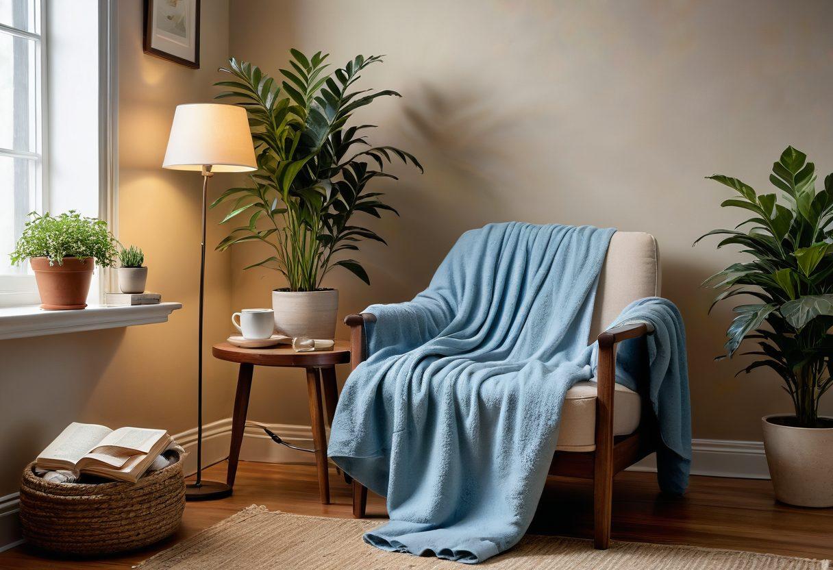 A serene scene depicting a cozy, inviting room with a soft armchair and a warm blanket, surrounded by gentle lighting. A potted plant and a journal are placed nearby, symbolizing growth and reflection. Shelly, a compassionate figure, sits with an open, understanding posture, offering a reassuring presence. The backdrop features calming blues and warm earthy tones to evoke a sense of comfort and healing. super-realistic. soft colors. warm ambiance.
