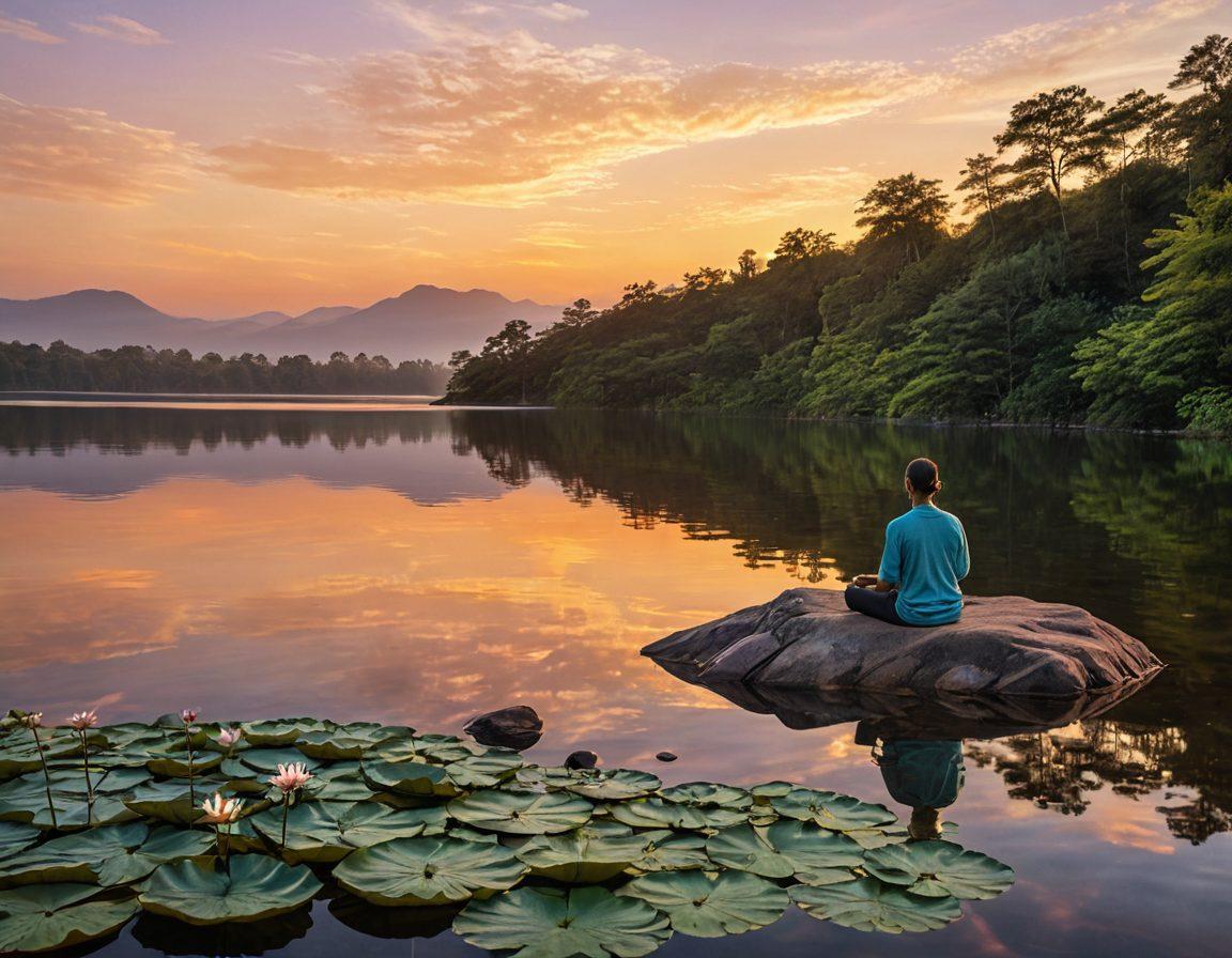 A serene landscape depicting a calm lake at sunset, where a person sits peacefully on a rock, meditating with gentle waves lapping at the shore. Surround the scene with soft, ethereal light and lush greenery to evoke a sense of tranquility. Include subtle symbols of mindfulness such as floating lotus flowers and gentle ripples in the water. The atmosphere should convey hope and healing. super-realistic. warm colors. calming ambiance.
